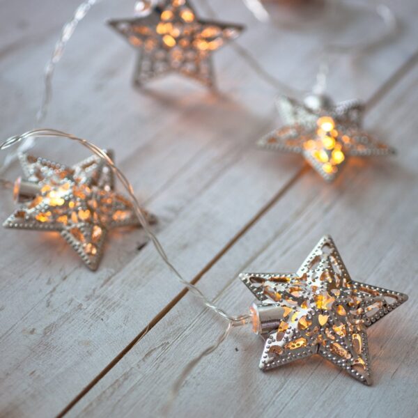 Nzmarket Silver Star Christmas Fairy Lights – Warm White, Battery Powered